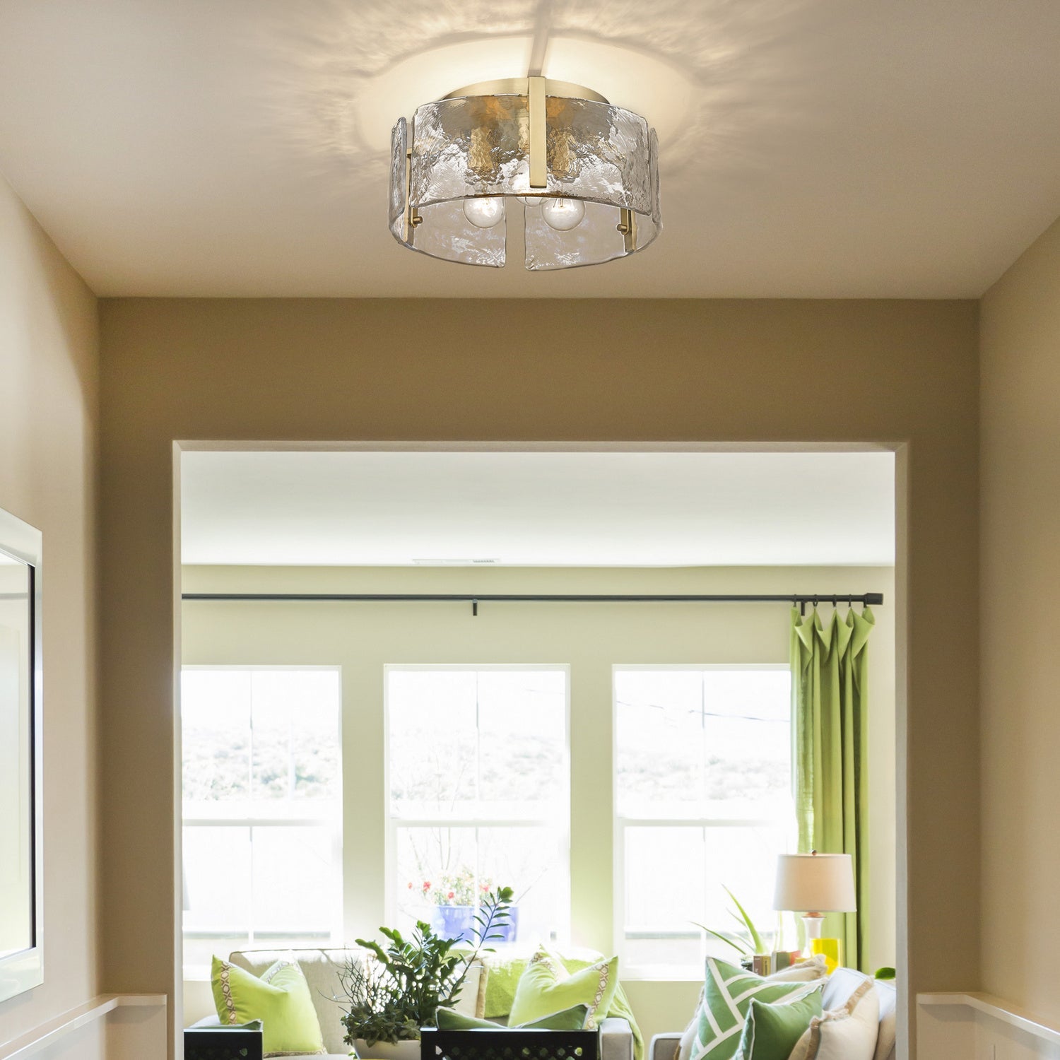 Hammered Water Glass Ceiling Light -  Gold Drum Flush Mount Light